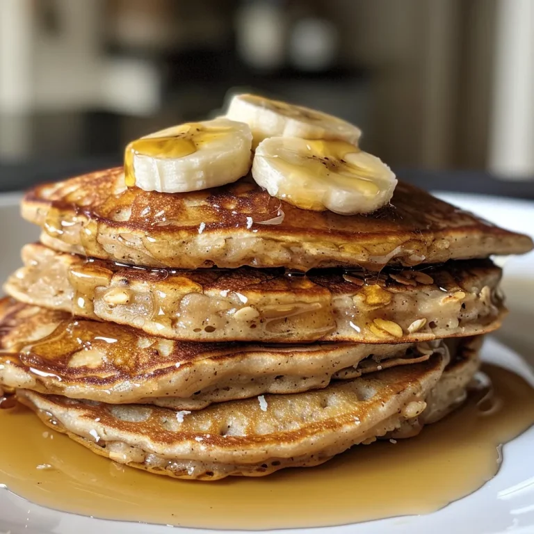 Morning Delight: Pancakes That Whisper Sweet Memories Close-up view of fluffy banana oat pancakes stacked on a plate.