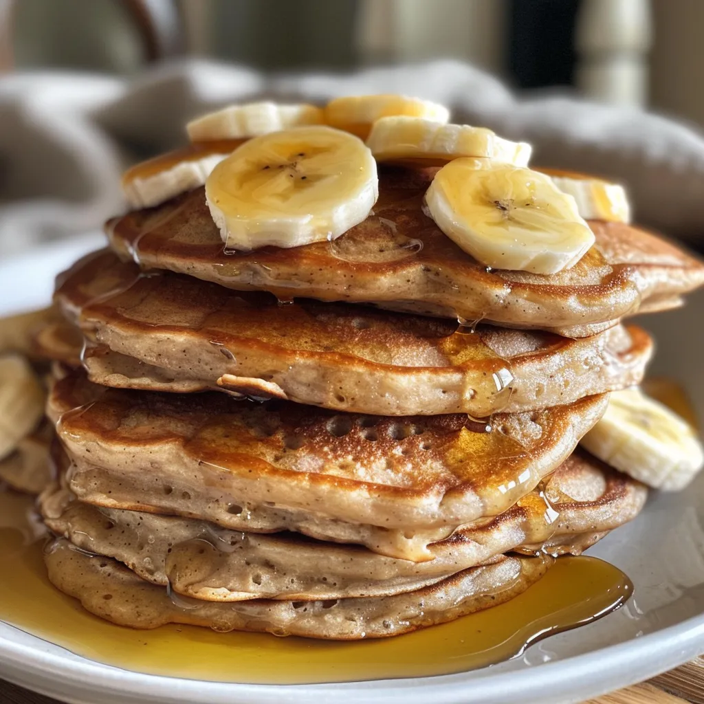 Side shot of golden pancakes topped with banana slices and a drizzle of syrup.