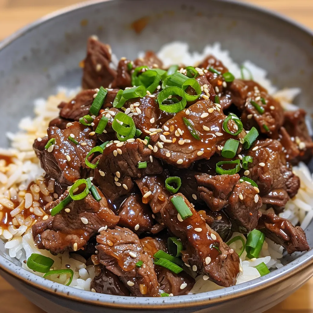Juicy beef pieces served over rice, topped with green onions and sesame seeds.