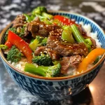 Close-up view of a bowl filled with Teriyaki beef and colorful vegetables.