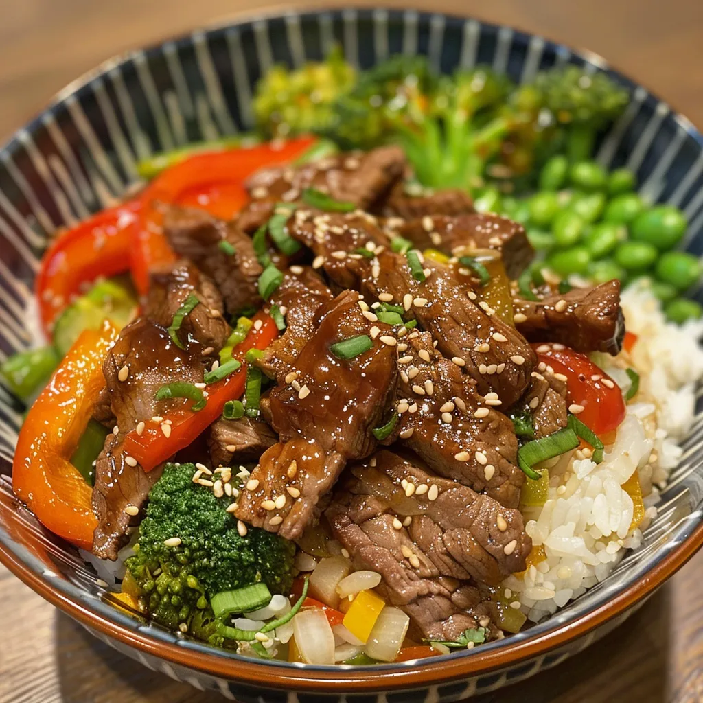 Juicy Teriyaki beef served over rice with vibrant bell peppers and broccoli.