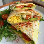 Close-up view of a juicy egg wrap filled with fresh ingredients.