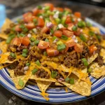 Close-up view of juicy beef nachos topped with cheese, tomatoes, and green onions.