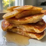 Fluffy apple pancakes stacked on a plate, drizzled with maple syrup.