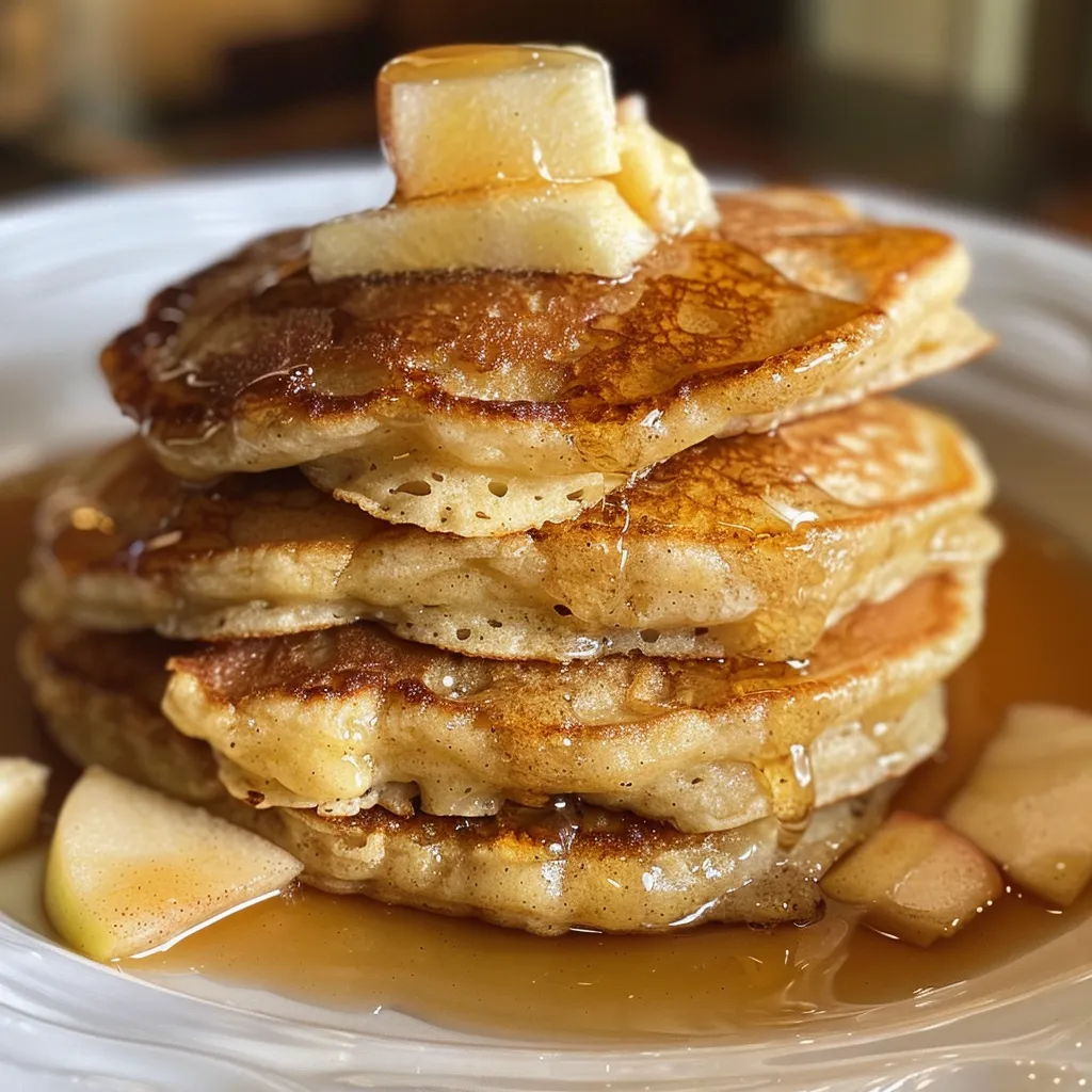 Close-up view of golden brown apple pancakes with syrup and apple chunks.