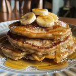 Close-up side view of fluffy banana pancakes stacked on a plate.