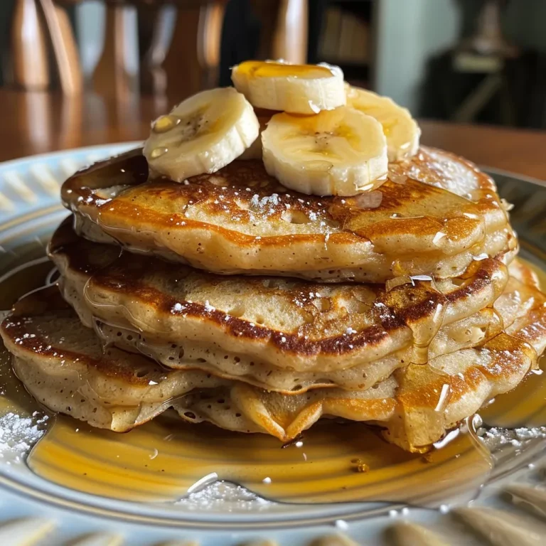 The Pancakes That Make Mornings Feel Like a Warm Hug Close-up side view of fluffy banana pancakes stacked on a plate.
