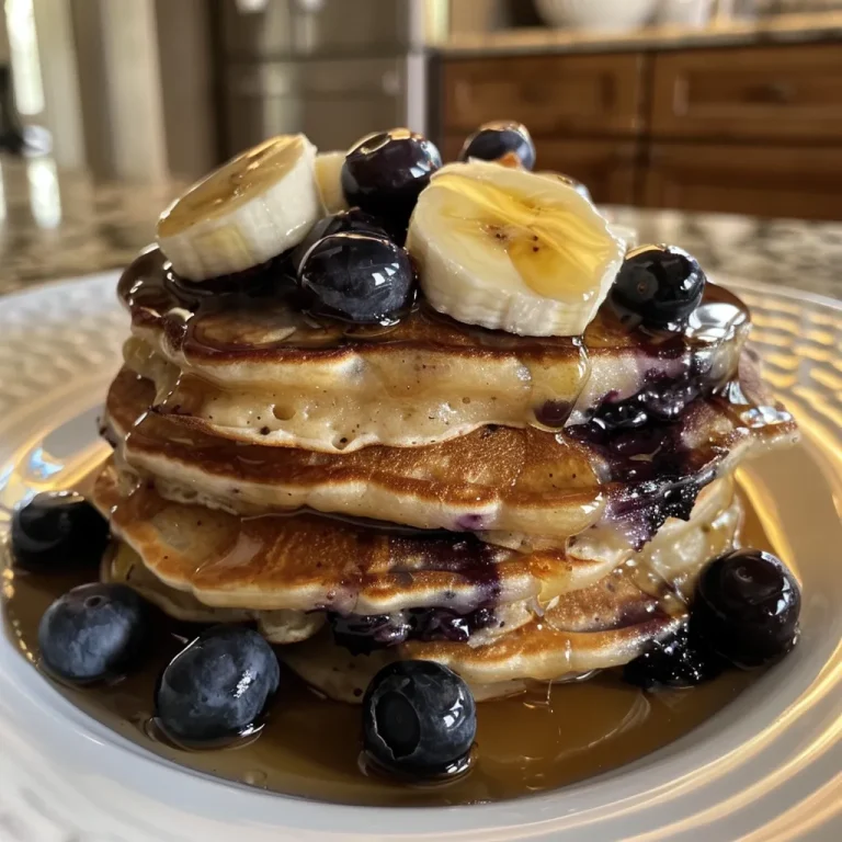 Morning Joy: Fluffy Blueberry Banana Pancakes for Heartfelt Gatherings Close-up of fluffy blueberry banana pancakes stacked on a plate, topped with fresh blueberries and syrup.