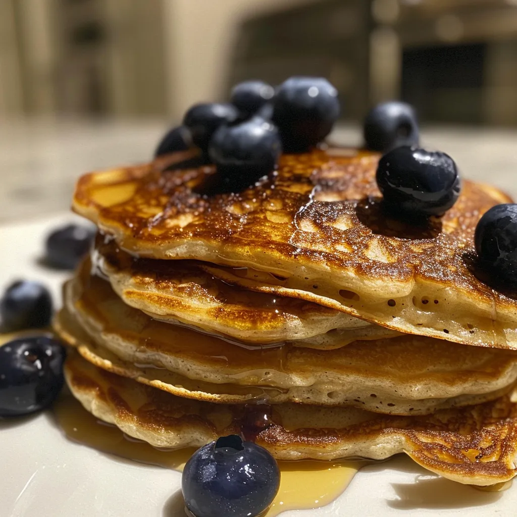 Juicy blueberry pancakes on a wooden table, showing a light brown fluffy texture.