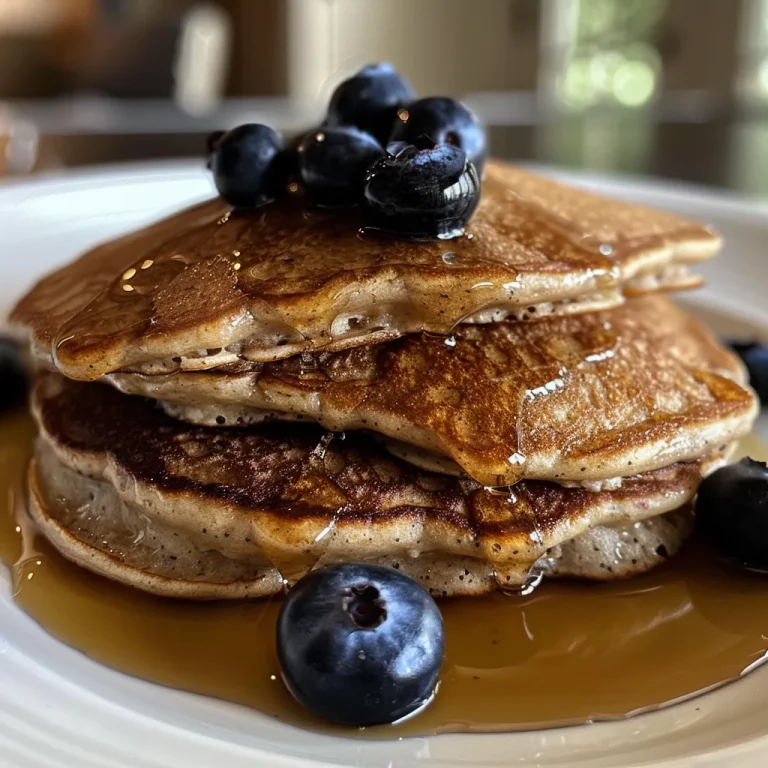 Morning Magic: Fluffy Blueberry Protein Pancakes That Spark Joy Close-up side view of fluffy blueberry protein pancakes stacked on a plate.
