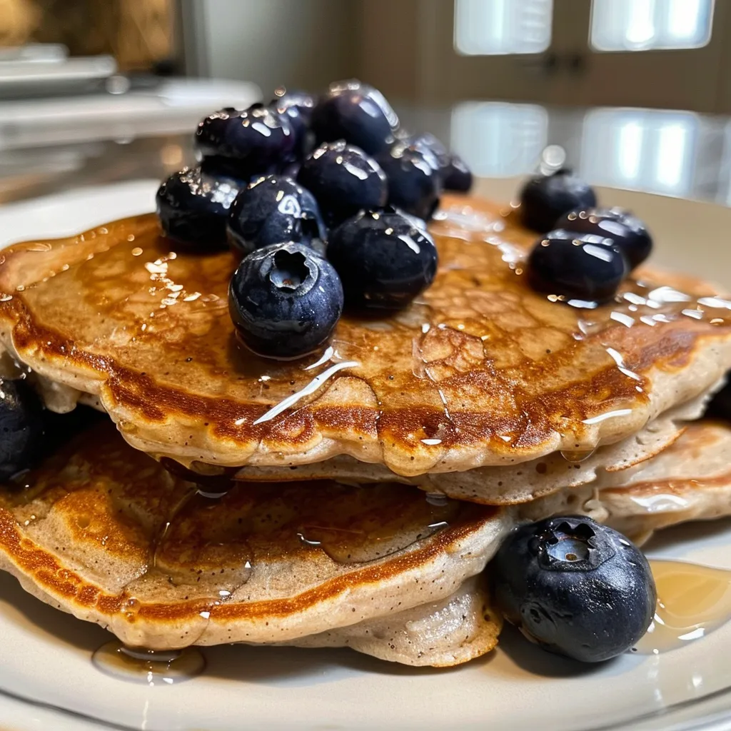 Delicious blueberry pancakes with a golden-brown surface and fresh blueberries on top.