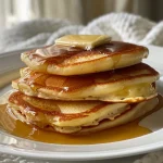 Close-up image of fluffy ricotta pancakes stacked on a plate.