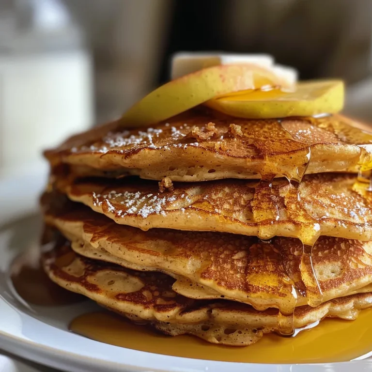 Close-up of fluffy spiced apple pancakes topped with grated apple and a drizzle of syrup.