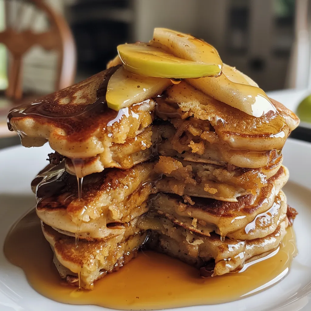 Side view of golden-brown apple pancakes stacked high, garnished with apple slices.