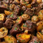 Close-up view of juicy garlic butter beef bites and halved baby potatoes.