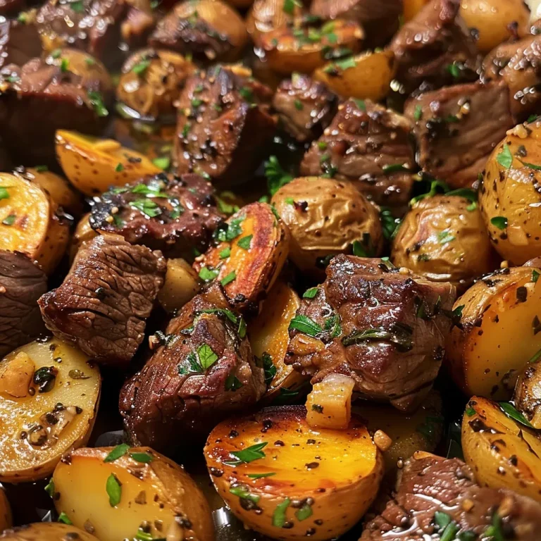 A Cozy Evening with Garlic Butter Beef Bites and Tender Baby Potatoes Close-up view of juicy garlic butter beef bites and halved baby potatoes.