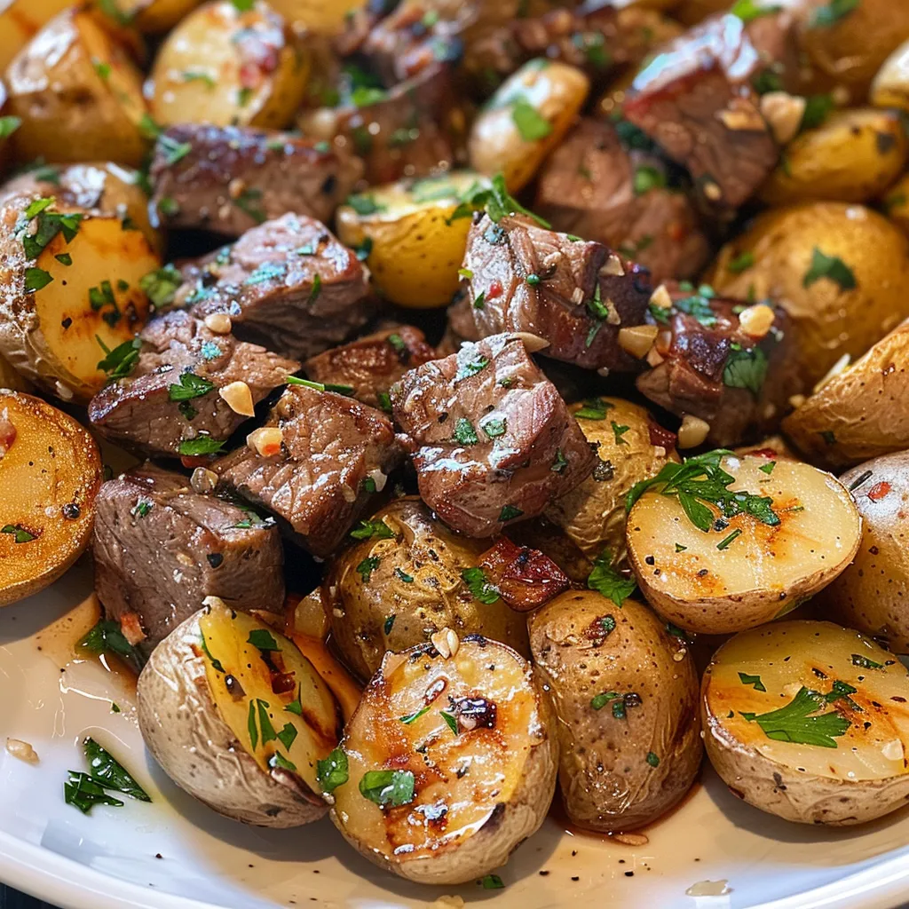 Side view of seasoned beef cubes and potatoes in garlic butter sauce.