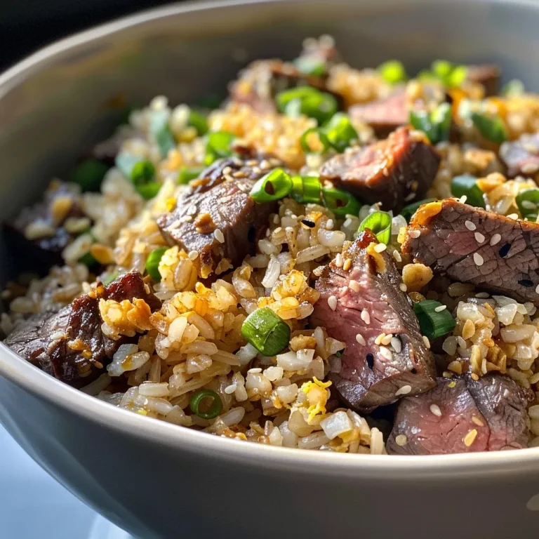 Steak Fried Rice: A Heartfelt Journey of Flavor and Memories Close-up of Garlic Butter Steak Fried Rice in a bowl, featuring juicy pieces of steak and green onions.