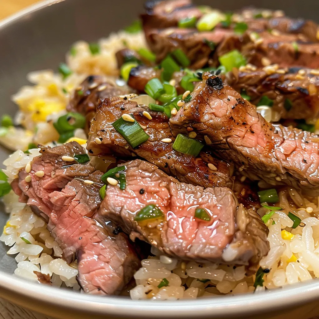 Side view of a plate of Garlic Butter Steak Fried Rice, showcasing the glistening rice and chopped herbs.