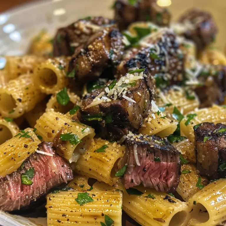 Savoring Family Moments with Creamy Garlic Butter Steak Rigatoni Close-up of creamy Garlic Butter Steak Rigatoni with steak and parsley.