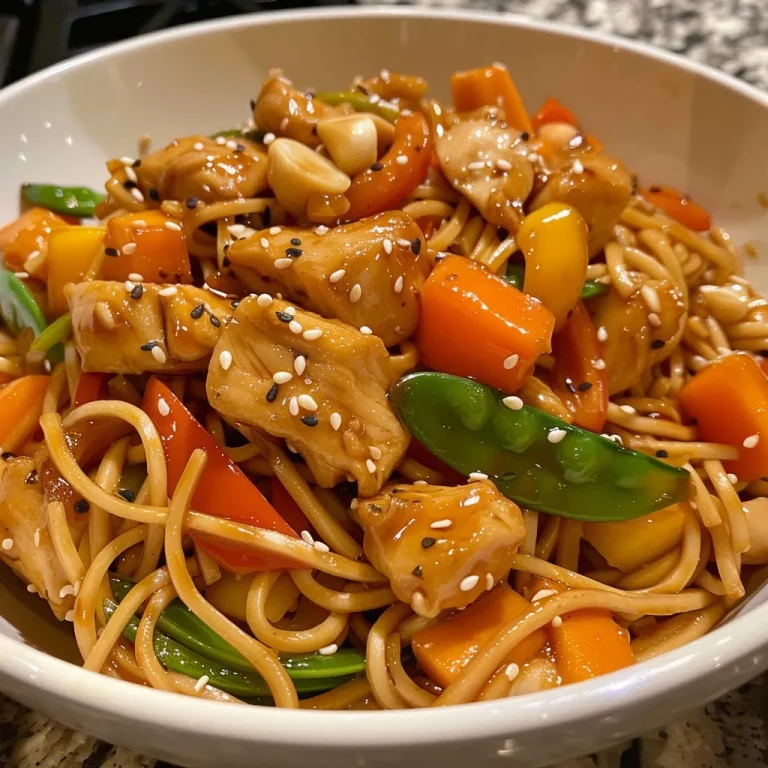 A Family Favorite: Garlic Chicken Lo Mein to Share at the Table Detailed shot of Garlic Chicken Lo Mein featuring vegetables and chicken in a savory sauce.
