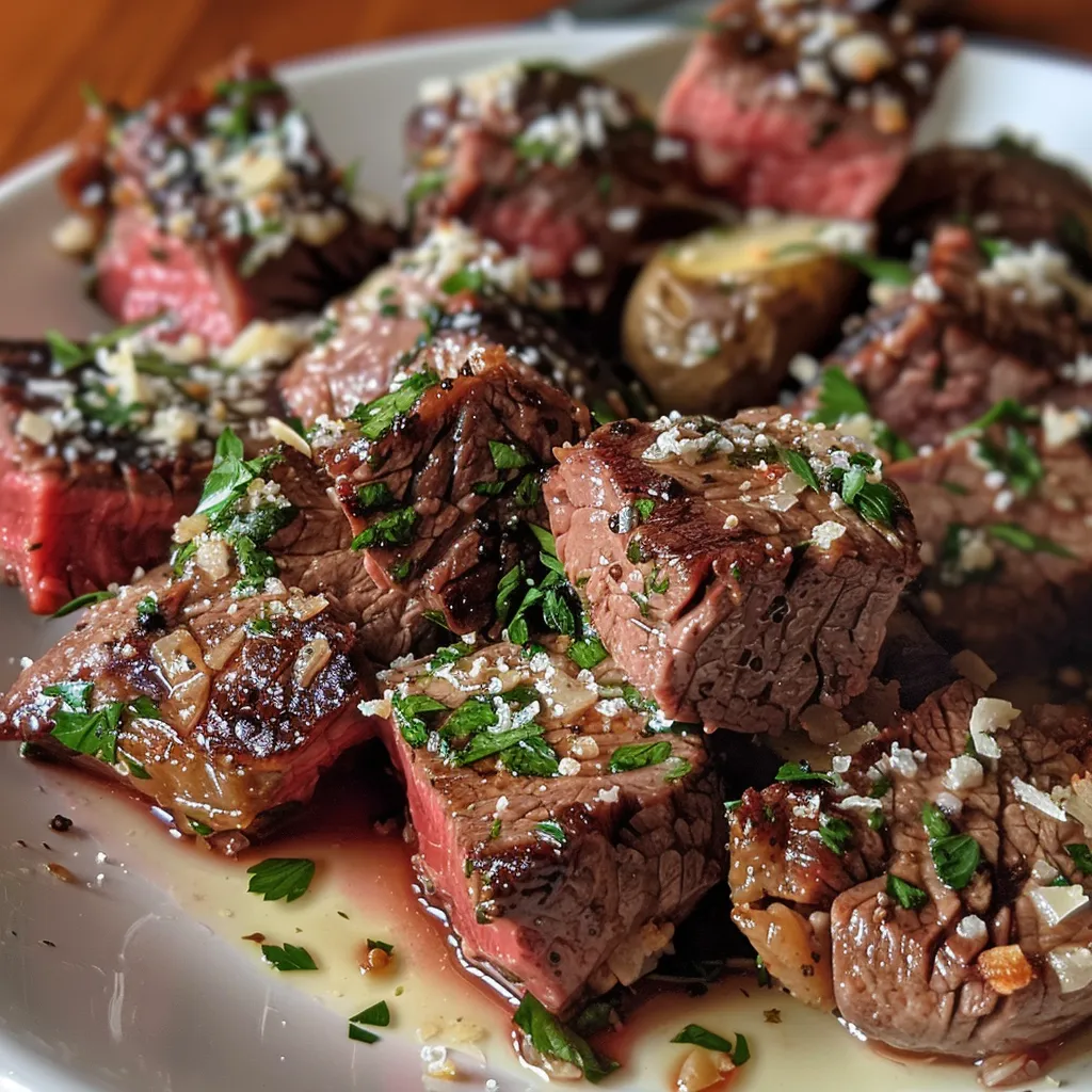 Side shot of tender steak pieces coated in garlic and Parmesan, accompanied by a serving of mashed potatoes.