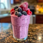 Close-up of a creamy Greek yogurt berry smoothie in a glass, showcasing mixed berries on top.