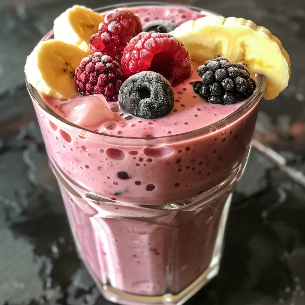 Side view of a vibrant Greek yogurt smoothie filled with fresh mixed berries and a banana slice.