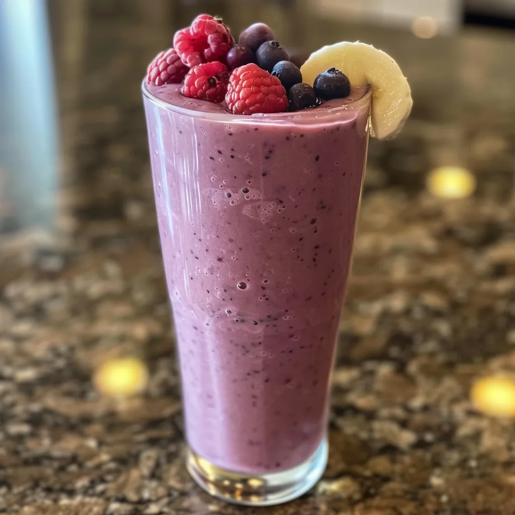 Side view of a vibrant Greek yogurt smoothie made with mixed berries and a banana.