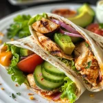 Juicy grilled chicken wrap with lettuce and cheese in a tortilla viewed from the side.