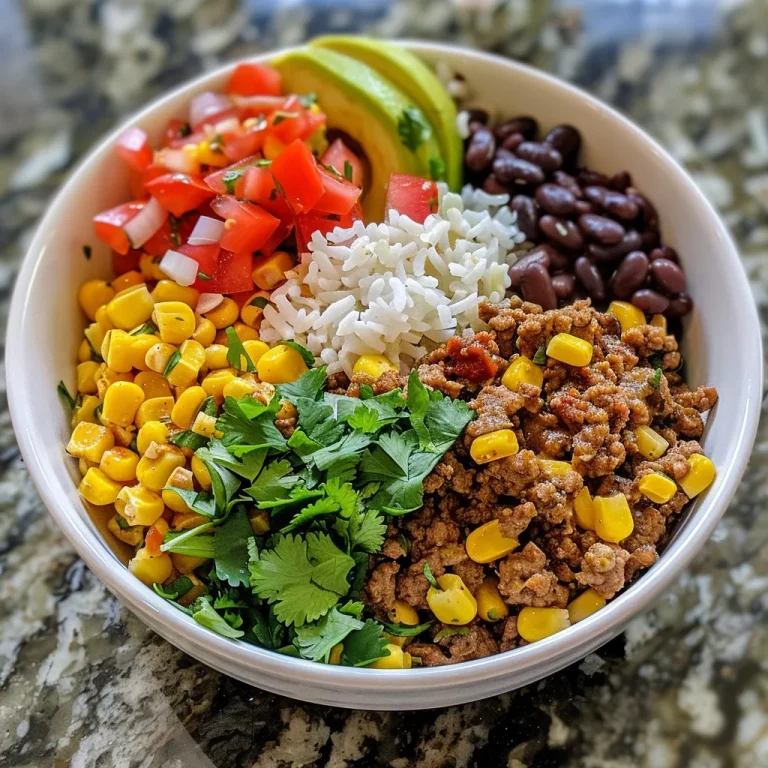 Close-up side view of a delicious Ground Beef Burrito Bowl featuring ground beef, rice, and toppings.