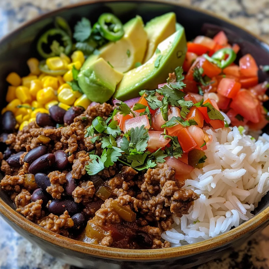 Juicy Ground Beef Burrito Bowl with vibrant ingredients, including avocado, cheese, and salsa.