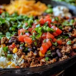 Close-up of a Ground Beef Burrito Skillet featuring ground beef, rice, and colorful vegetables.