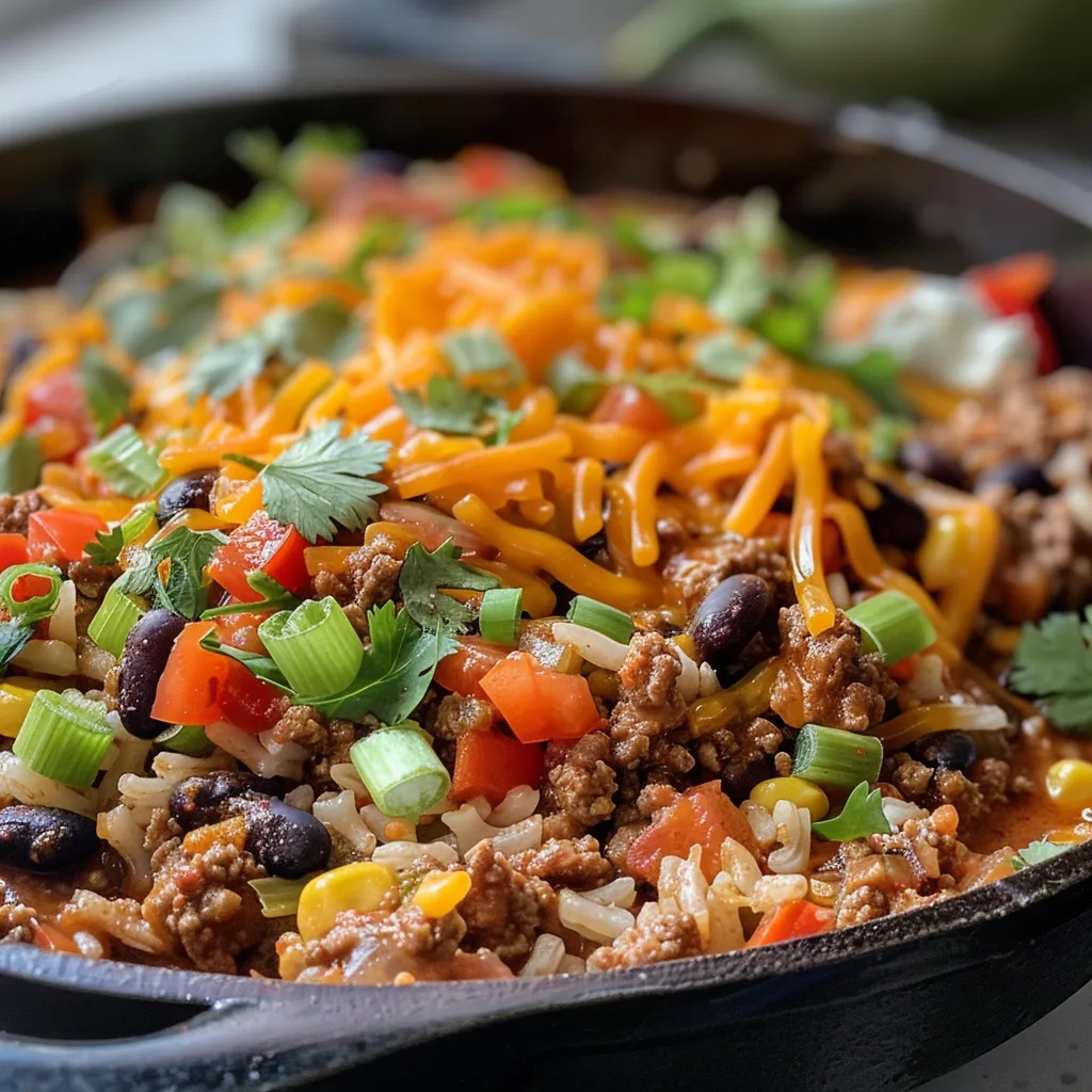 Side view of a juicy Ground Beef Burrito Skillet served in a bowl, topped with cheese and garnished with cilantro.