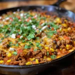 Close-up view of a Ground Beef Enchilada Skillet with colorful ingredients.