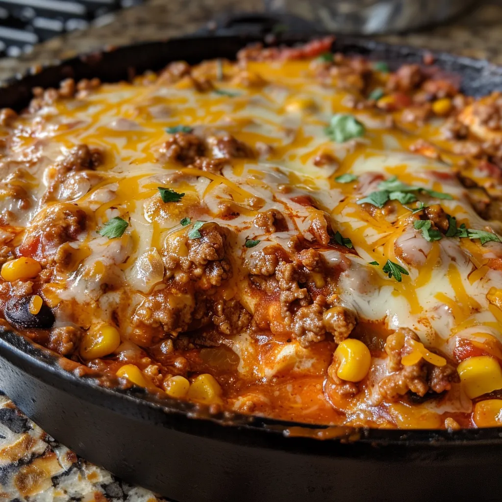 A delicious skillet filled with ground beef, corn, and cheese, garnished with cilantro.