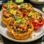 Close-up view of healthy taco stuffed peppers filled with colorful ingredients.