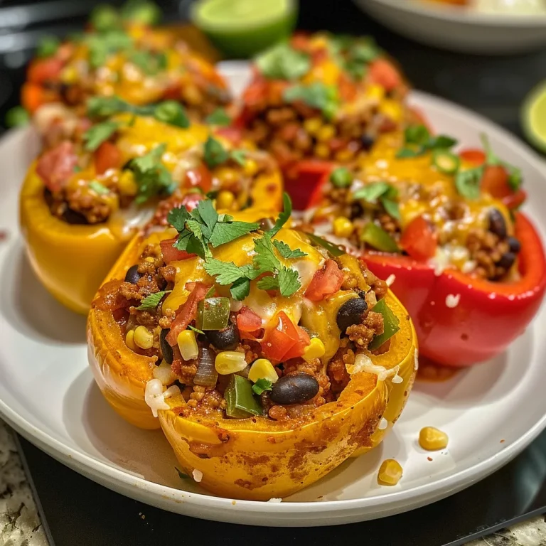 Close-up view of healthy taco stuffed peppers filled with colorful ingredients.