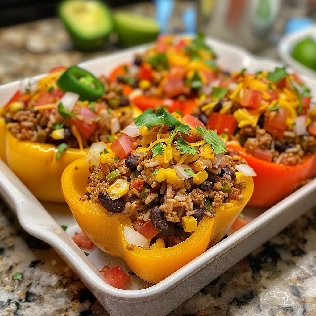 Delicious stuffed bell peppers showcasing ground turkey, beans, and cheese.