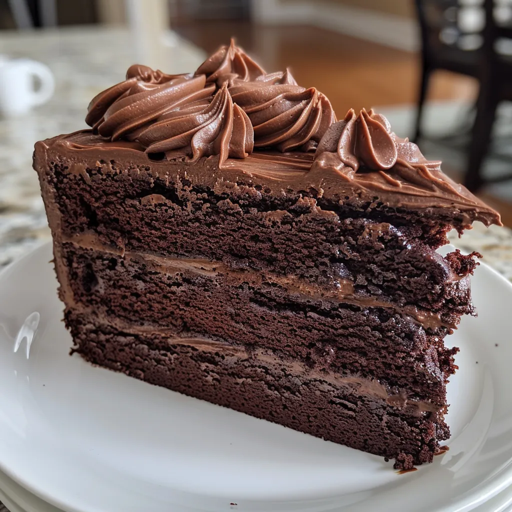 Close-up of a moist Hershey chocolate cake slice, showcasing layers and frosting.