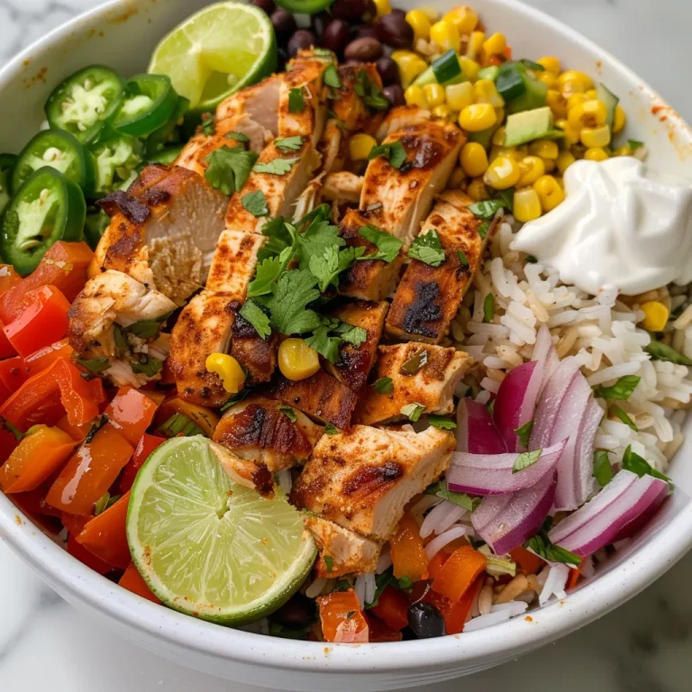 A Bowl Full of Love: Chicken Burritos That Bring Us Together Vibrant chicken burrito bowl showcasing layers of rice, chicken, and fresh garnishes.