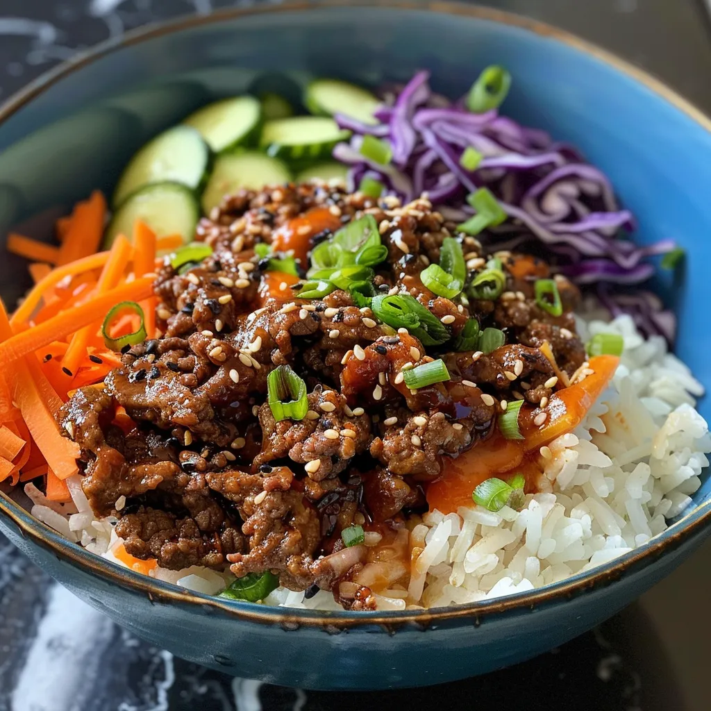 A side angle of a Korean Beef Bowl featuring juicy ground beef, vegetables, and a drizzle of spicy mayo.