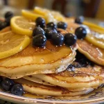 Close-up of stack of lemon blueberry pancakes with fresh blueberries on top.