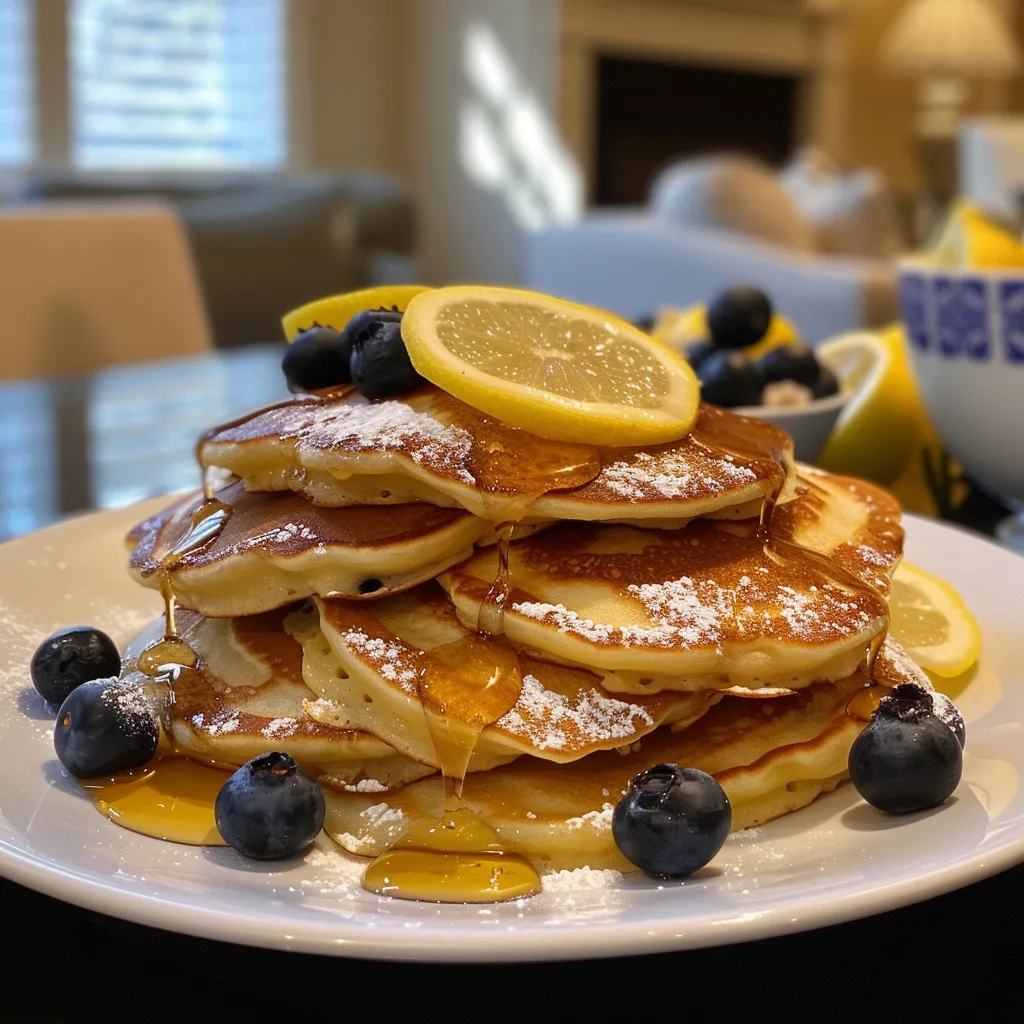 Side view of fluffy lemon blueberry pancakes with lemon zest sprinkled.