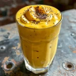 A close-up view of a mango banana smoothie in a glass with a tropical fruit garnish.