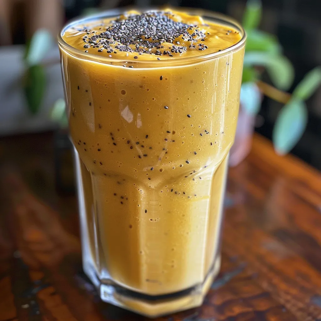 A refreshing mango banana smoothie served in a clear glass, topped with chia seeds.