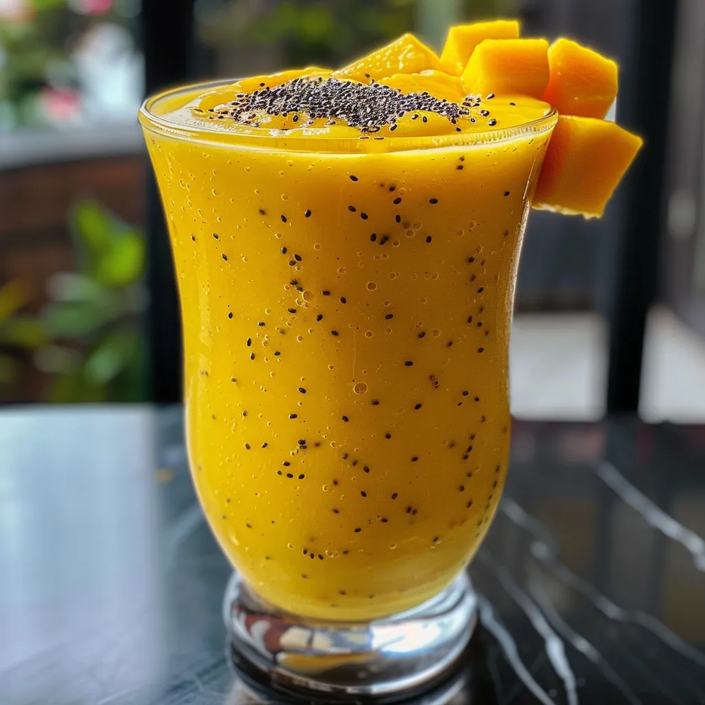 Side view of a refreshing mango banana smoothie topped with chia seeds.