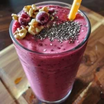 A close-up view of a vibrant mango berry smoothie in a glass with a straw.