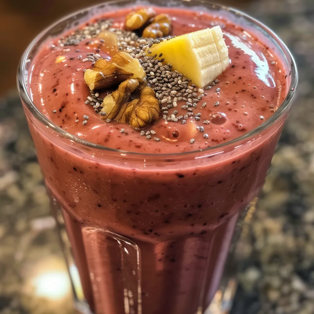 A refreshing mango berry smoothie displayed side view, showing its creamy texture and rich colors.