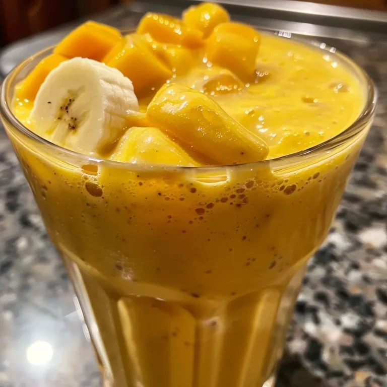 Close-up view of a vibrant mango coconut milk smoothie with a straw.
